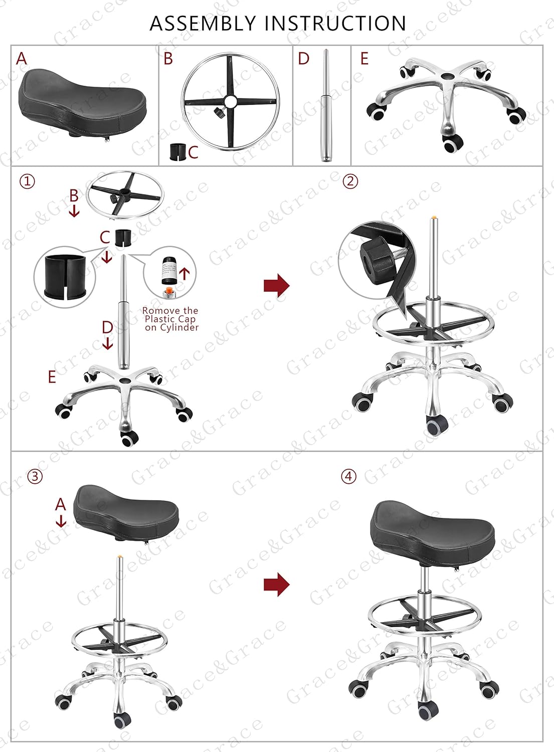 Height Adjustable Rolling Swivel Stool Chair with Ergonomic Seat and Footrest Metal Base (Black, with Caster) X5582