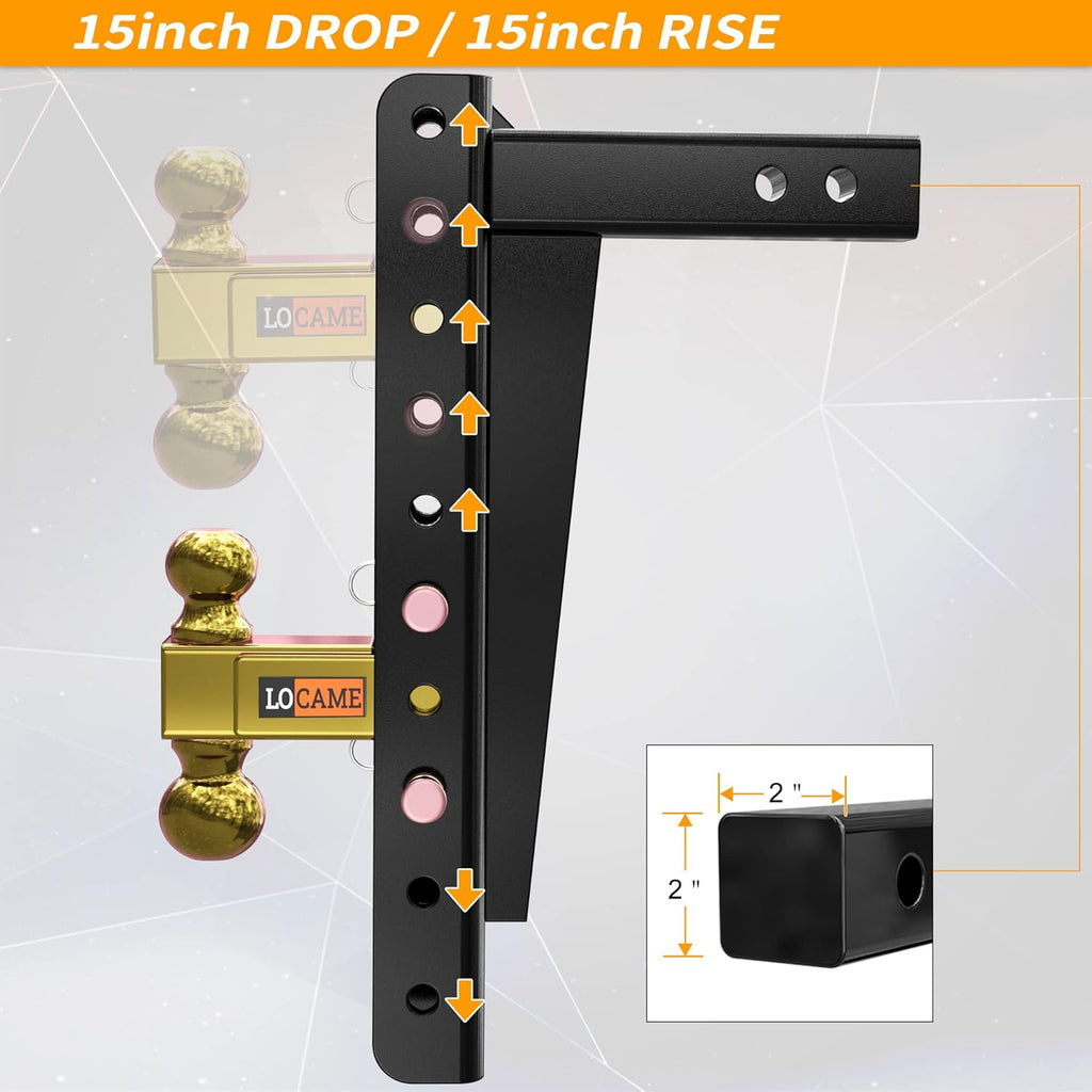 Adjustable Trailer Hitch, 2-Inch Receiver, 15-Inch Drop/Rise, 21,000 LBS GTW, Double Pins, Solid Ball Mount W816548