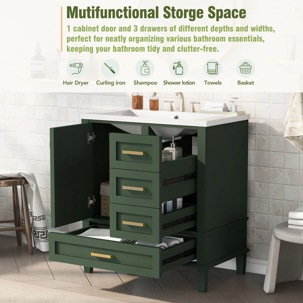 30" Green Solid Wood Bathroom Vanity with Top Basin and 3 Drawers E919172