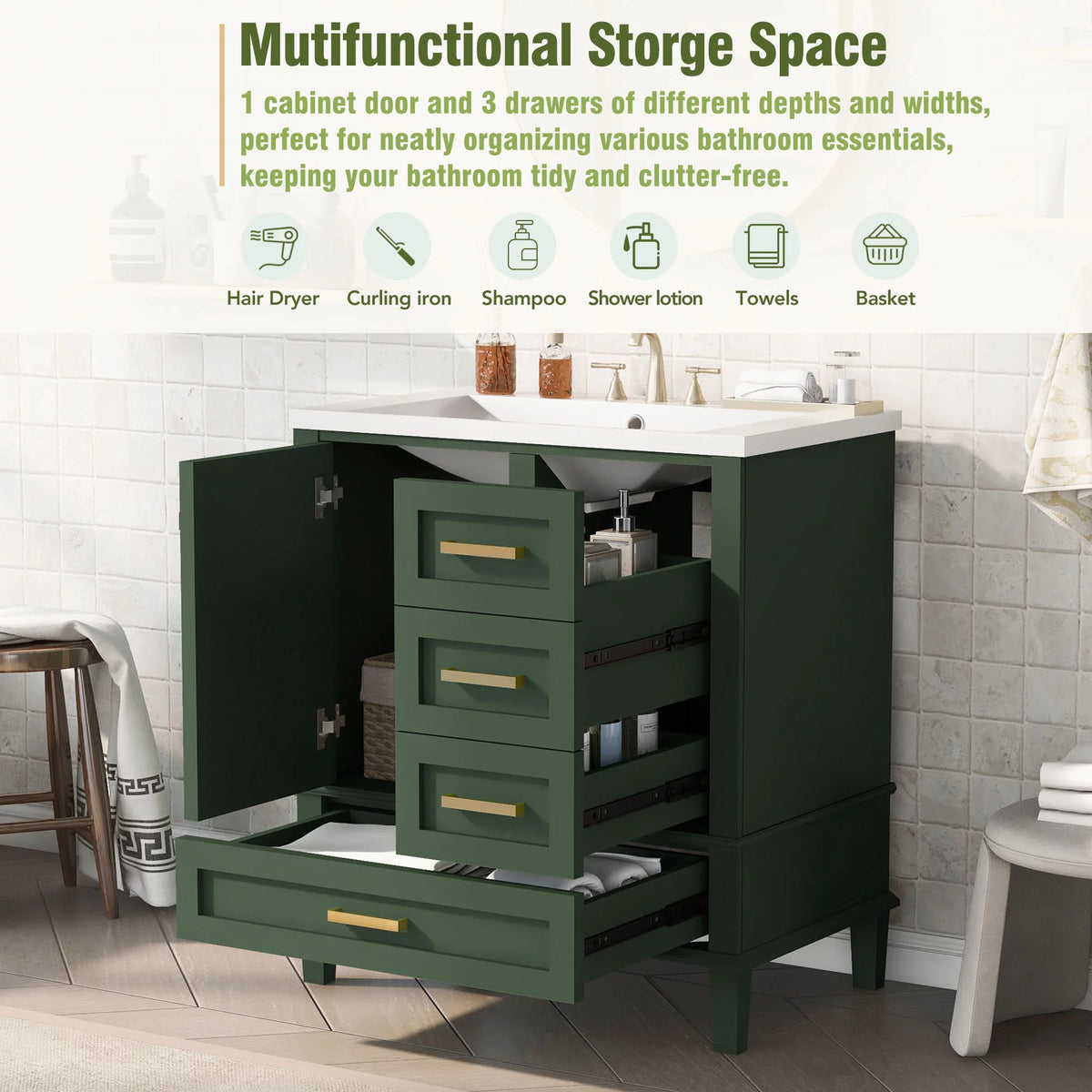 30" Green Solid Wood Bathroom Vanity with Top Basin and 3 Drawers E919172