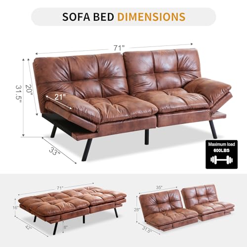 Faux Leather Futon Bed, Convertible Memory Foam Sofa Bed, 71" Sofas, Matte Black J492132