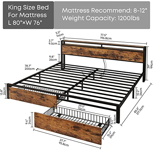 King Bed Frame with Storage Headboard, Platform Bed with Drawers and Charging Station, Vintage Brown Q76293
