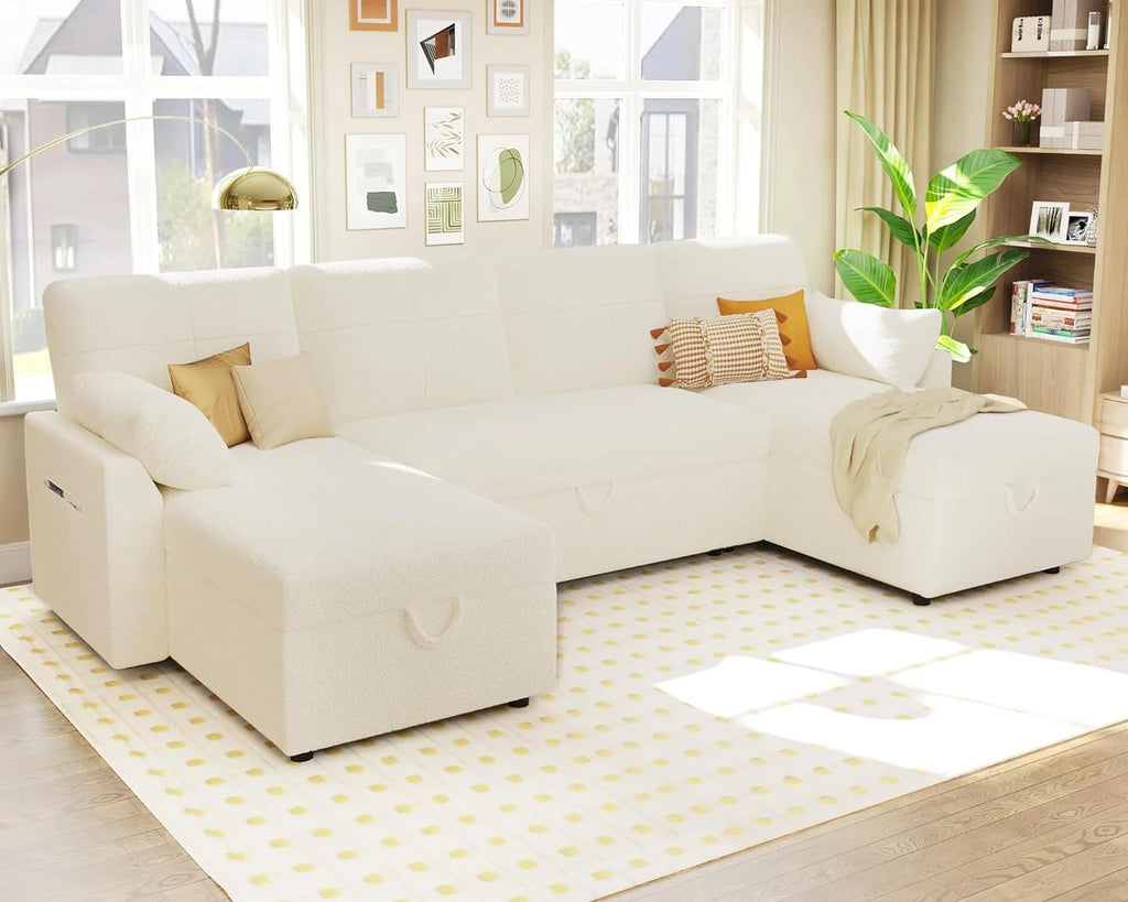 White Boucle Sleeper Sofa with 2 Storage Chaise O7682