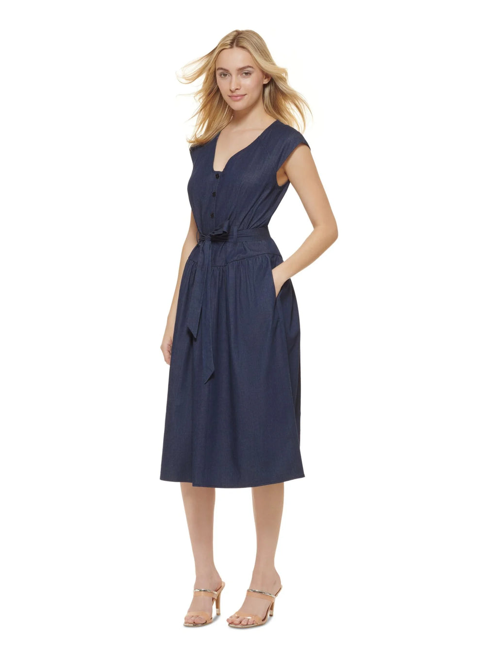 Navy Cap Sleeve V Neck Midi Fit + Flare Dress G67948
