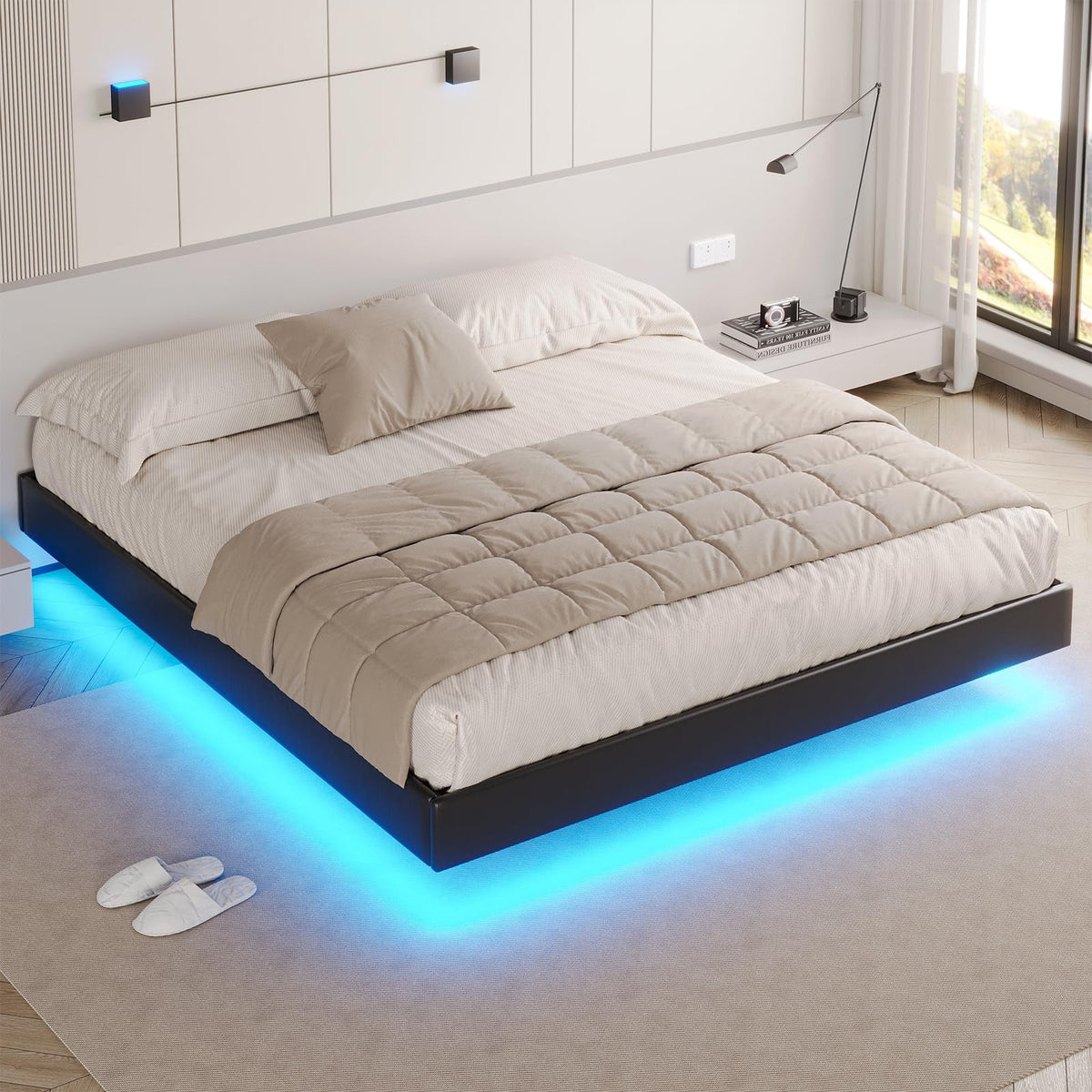 California King Floating LED Faux Leather Upholstered Platform Bed Frame A5324