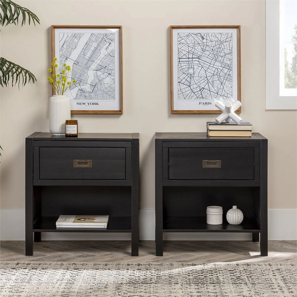 2-Piece 1-Drawer Solid Wood Nightstand Set in Black D80069