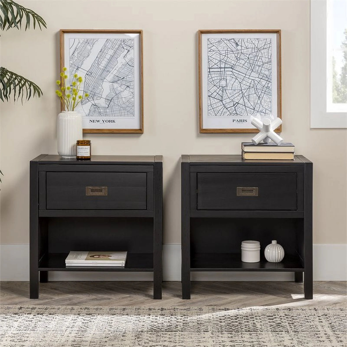 2-Piece 1-Drawer Solid Wood Nightstand Set in Black D80069