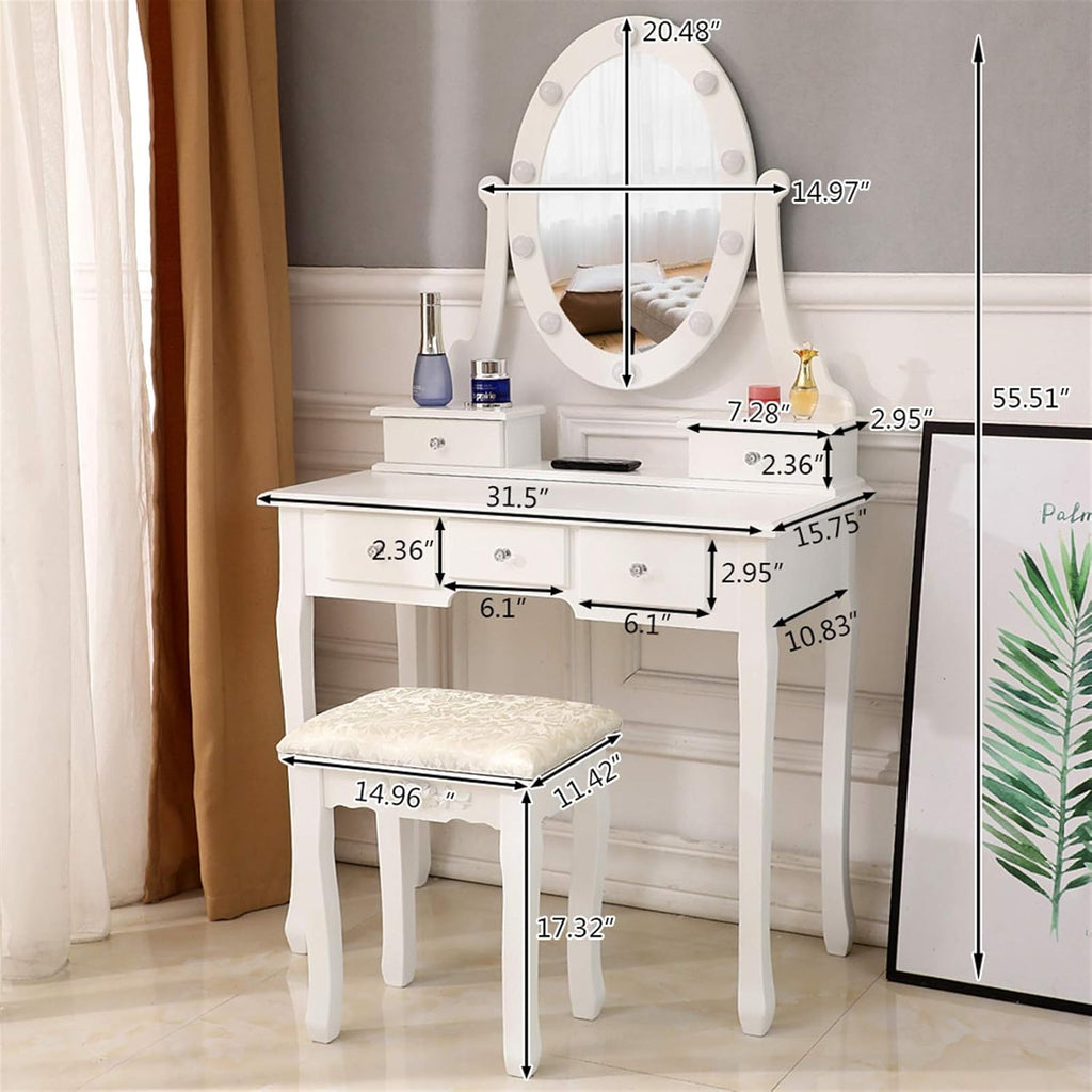 White Lighted Makeup Vanity Set with 10 Light Bulbs and 5 Sliding Drawers O2060