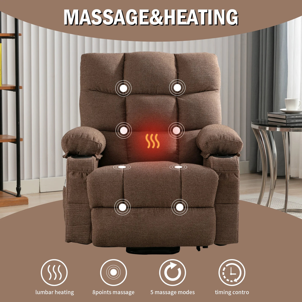 Brown Power Lift Recliner Chair with Massage and Heating H963