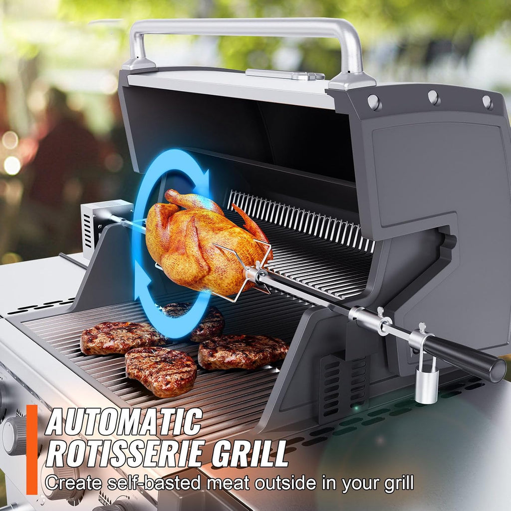 Heavy Duty Stainless Steel Grill Rotisserie Kit with 9W Motor - 32-Inch Hexagon Spit Rod - 26 Lbs Capacity O5158