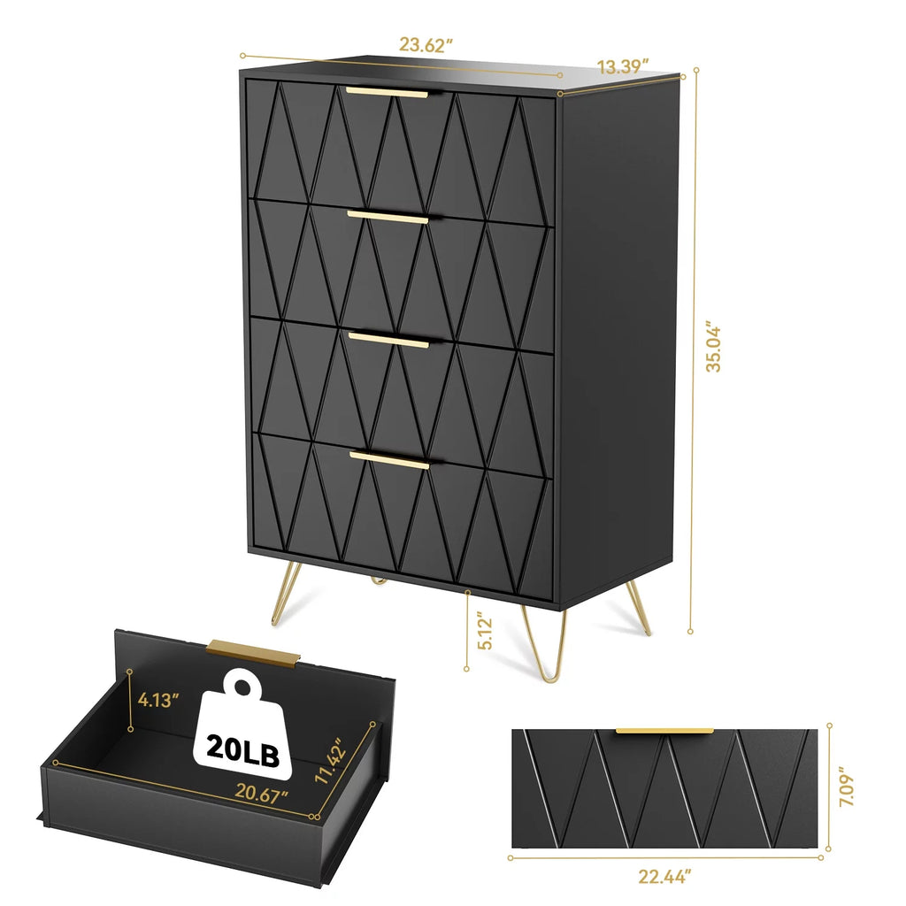 Black 4 Drawer Wood Dresser with Metal Handles E627