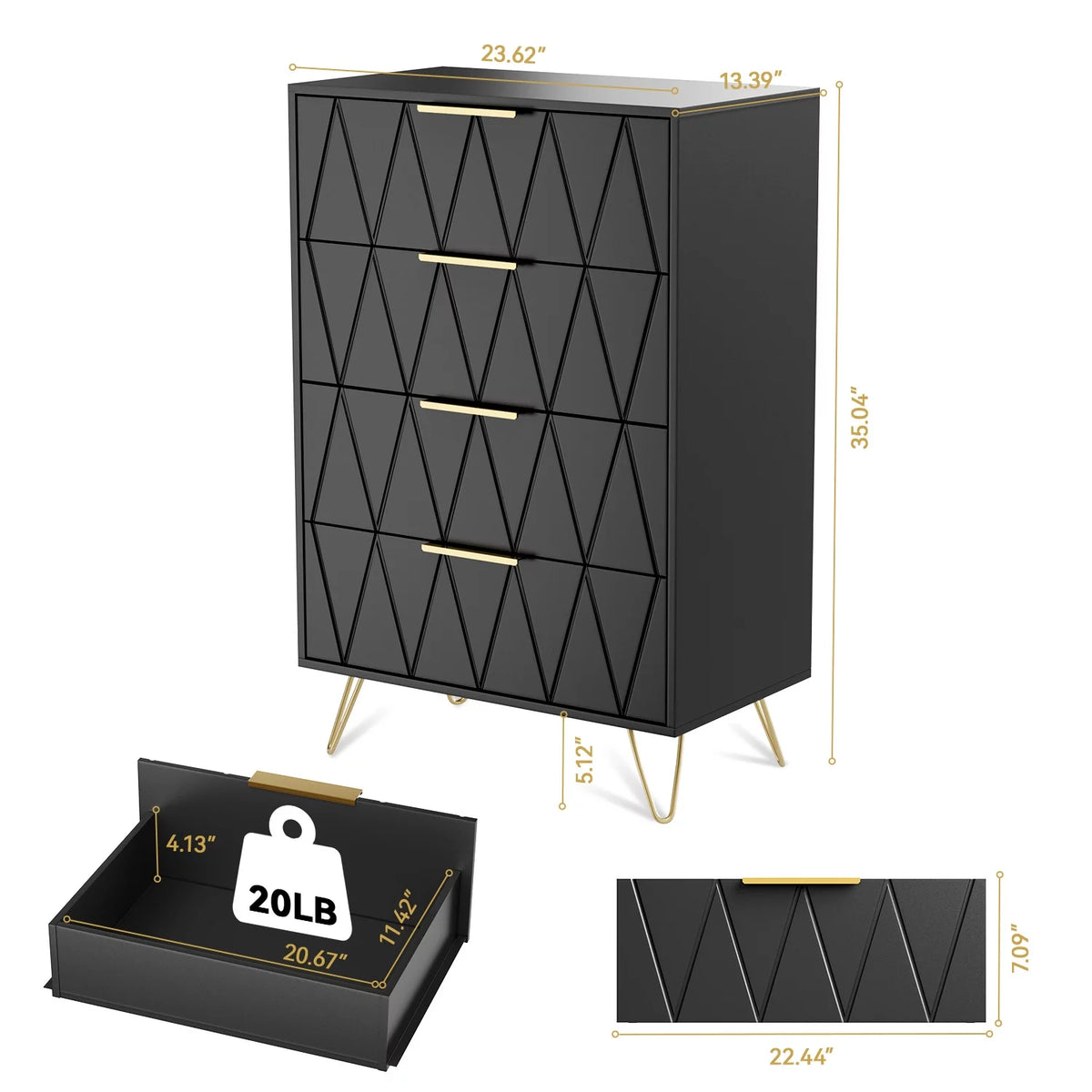Black 4 Drawer Wood Dresser with Metal Handles E627