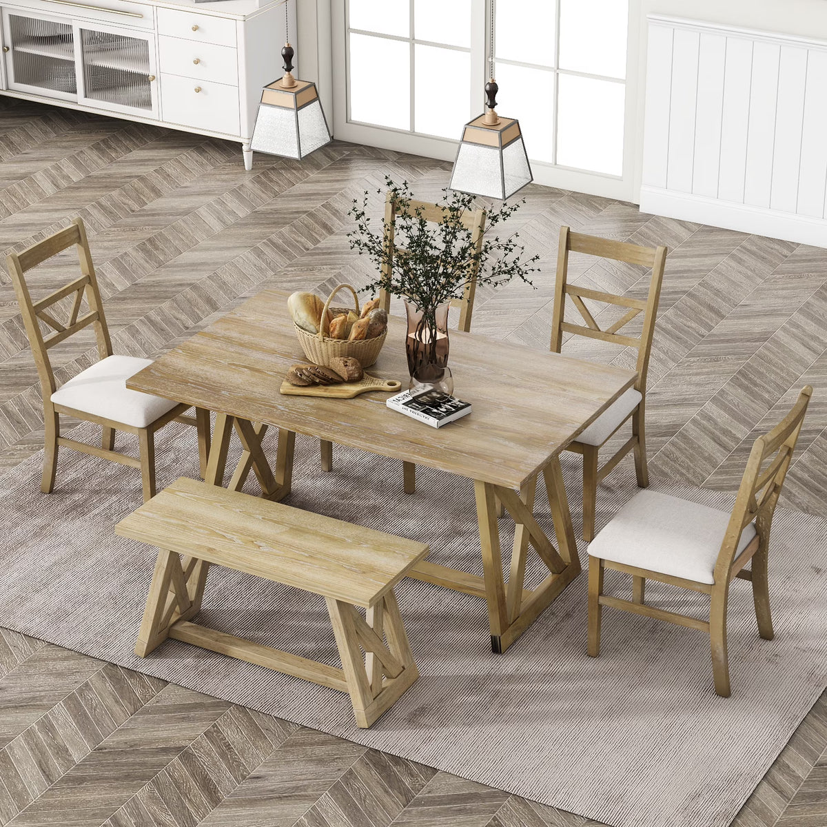 Farmhouse Wood Rectangular Dining Table with Cross Legs, 4 Upholstered Chairs and Bench D67586