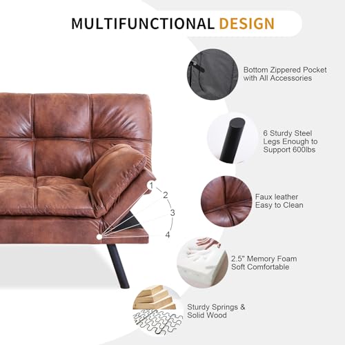 Faux Leather Futon Bed, Convertible Memory Foam Sofa Bed, 71" Sofas, Matte Black J492132