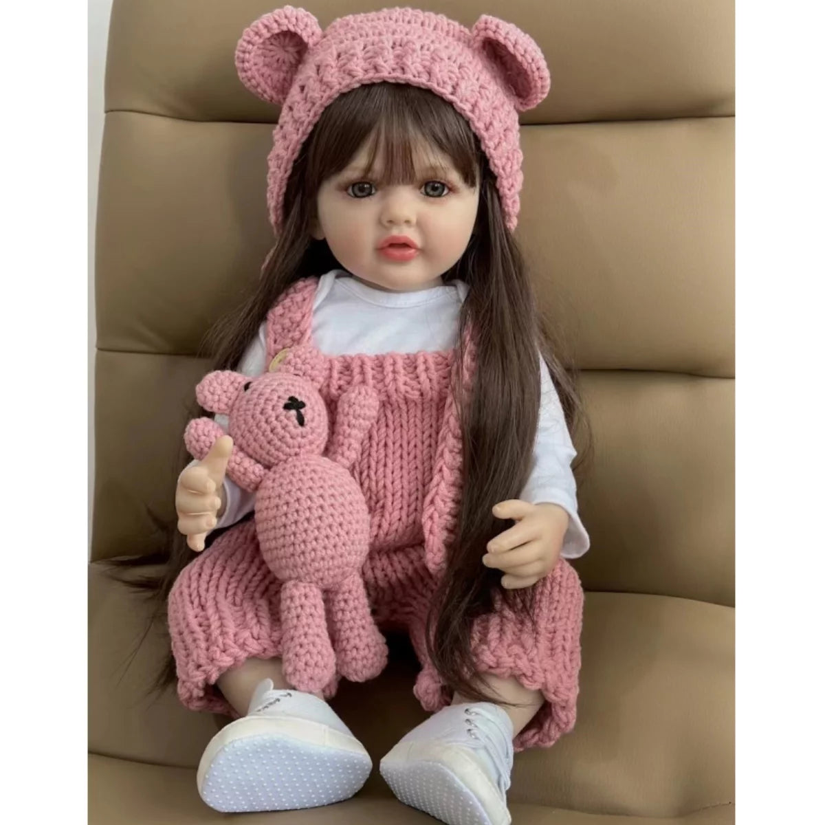 22 inch Soft Silicone Vinyl Reborn Baby Doll in Pink Knitted Clothes with Bear Toy A4534