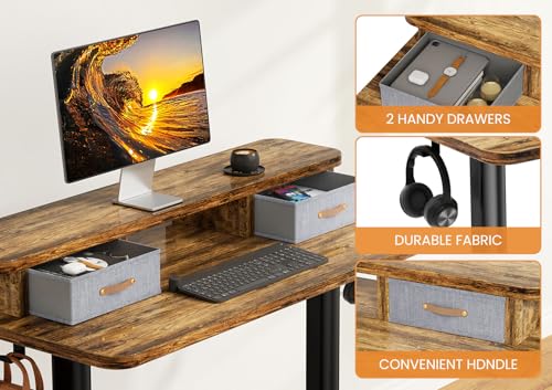 Rustic Brown Electric Standing Desk with Dual Drawers U9568