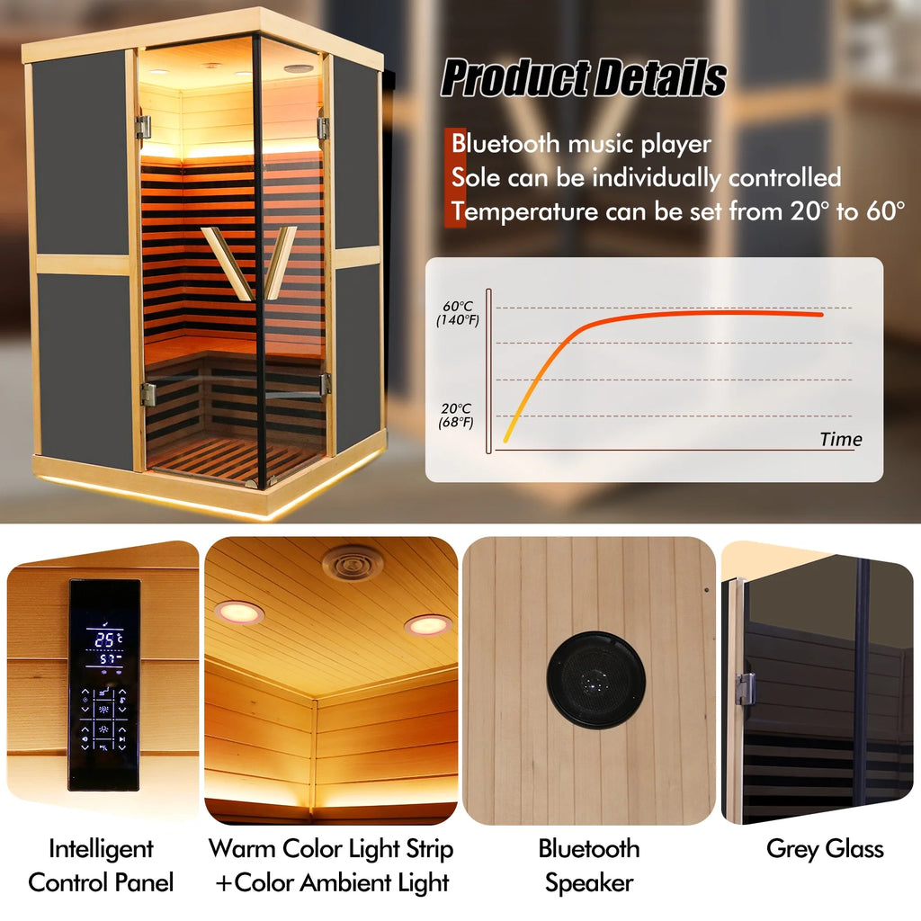 Infrared Sauna 1980W Wooden Hemlock Wood Low-EMF Indoor Saunas with APP Control for Two Person H199