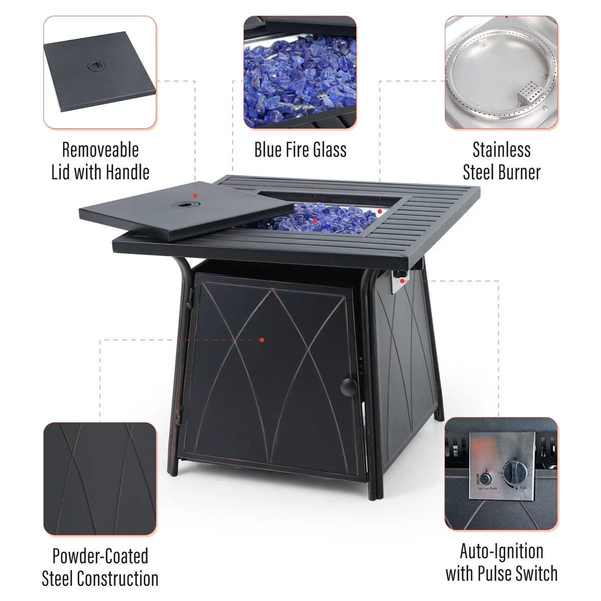 28 inch Outdoor Gas Fire Pit Table with Lid 50,000 BTU Q42288