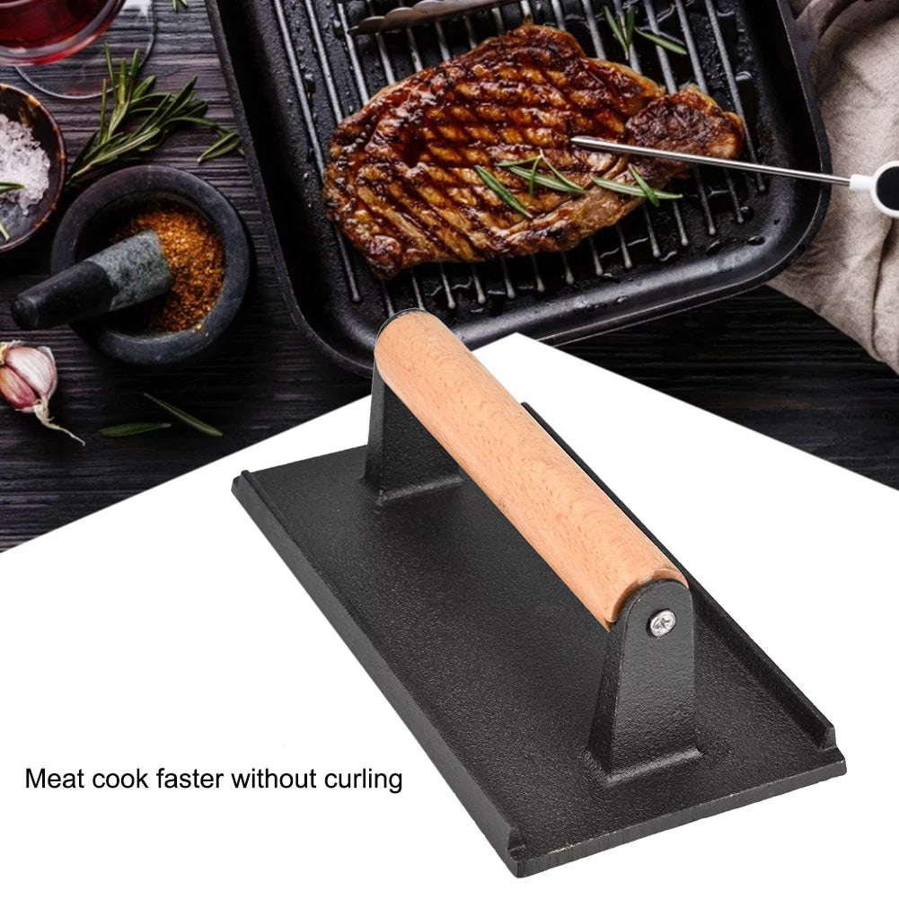Commercial Cast Iron Steak Press with Wooden Handle V6340