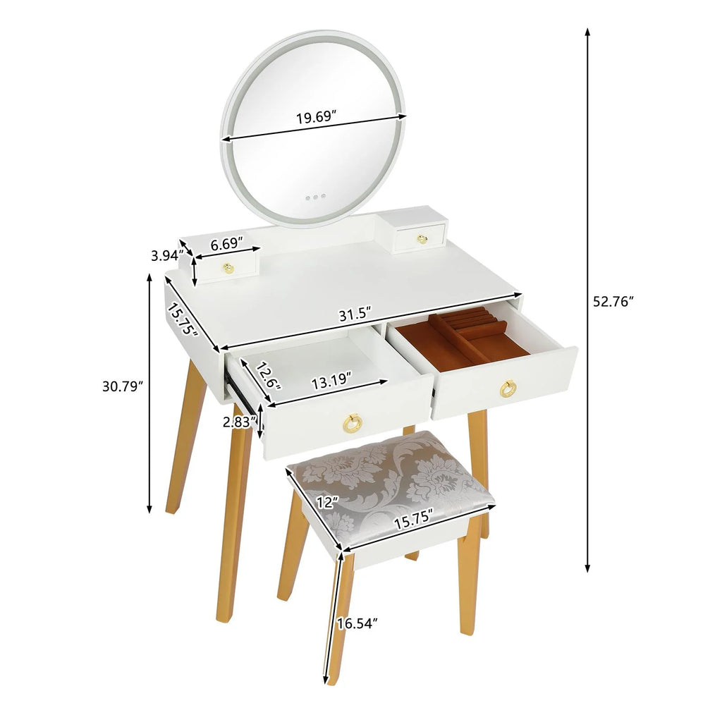 White Vanity Set with Touch Screen Mirror and 4 Sliding Drawers C4290