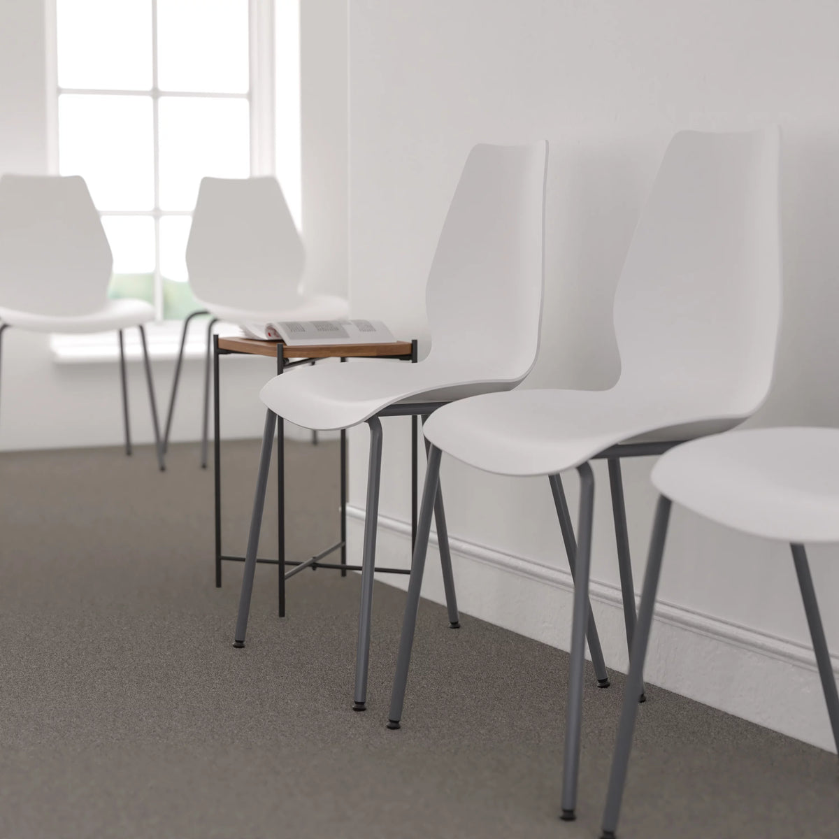 White Stack Chair with Lumbar Support and Silver Frame T234512