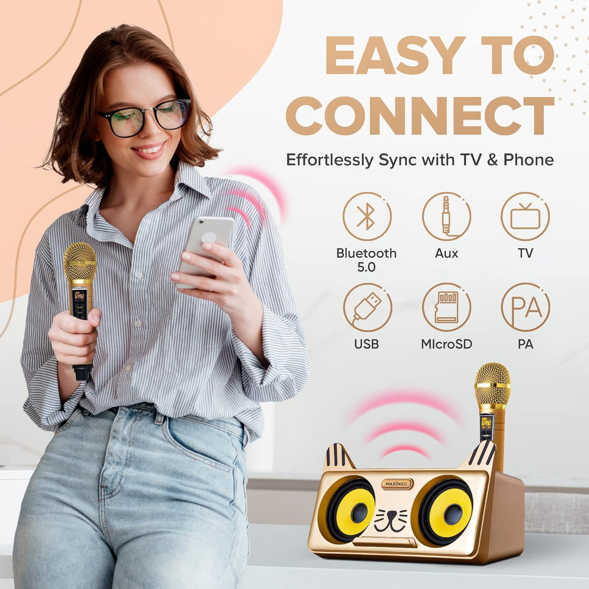 Portable Karaoke Machine with Bluetooth Speakers and 2 Wireless Microphones K4961
