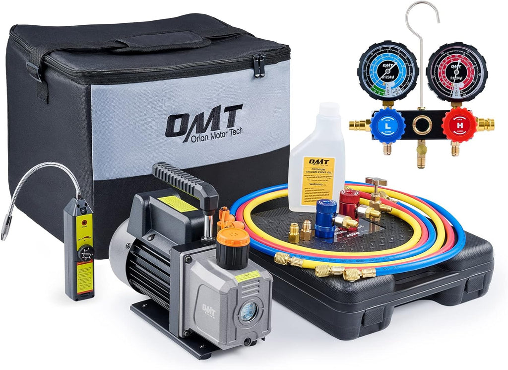 AC Gauges and Vacuum Pump with Leak Detector 5FT Hoses Quick Couplers, 4 cfm Vacuum Pump and Manifold Gauge Set I8462