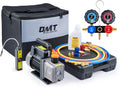 AC Gauges and Vacuum Pump with Leak Detector 5FT Hoses Quick Couplers, 4 cfm Vacuum Pump and Manifold Gauge Set I8462