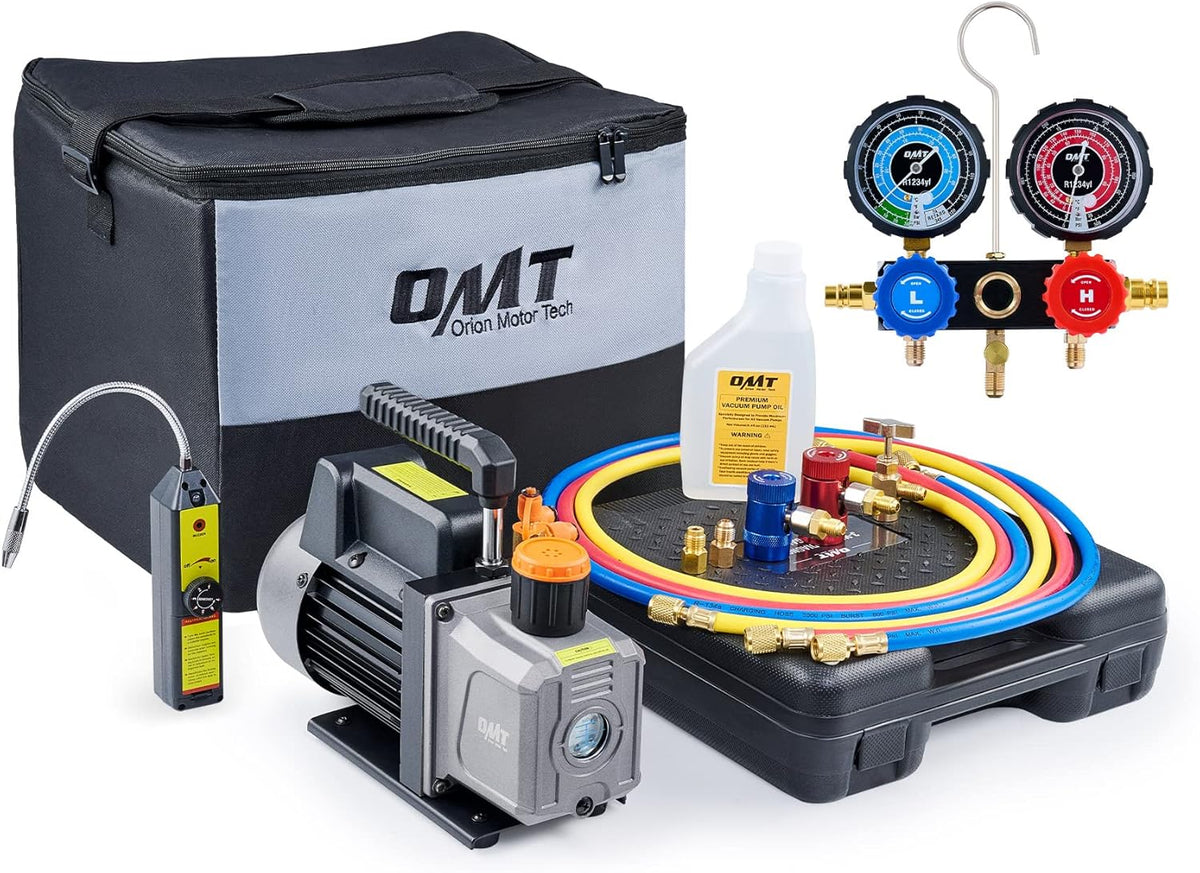 AC Gauges and Vacuum Pump with Leak Detector 5FT Hoses Quick Couplers, 4 cfm Vacuum Pump and Manifold Gauge Set I8462