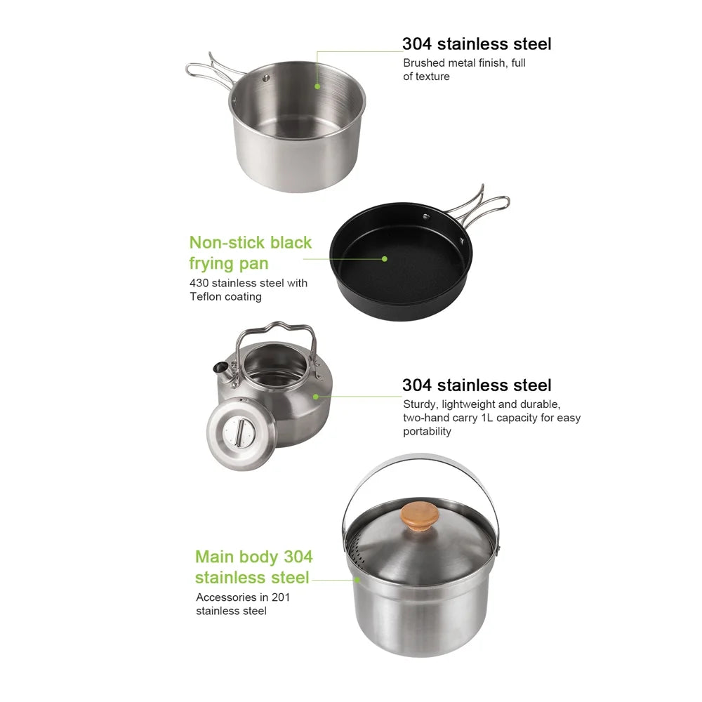 Stainless Steel Camping Cookware Set with Pot Frying Pan Kettle D96605