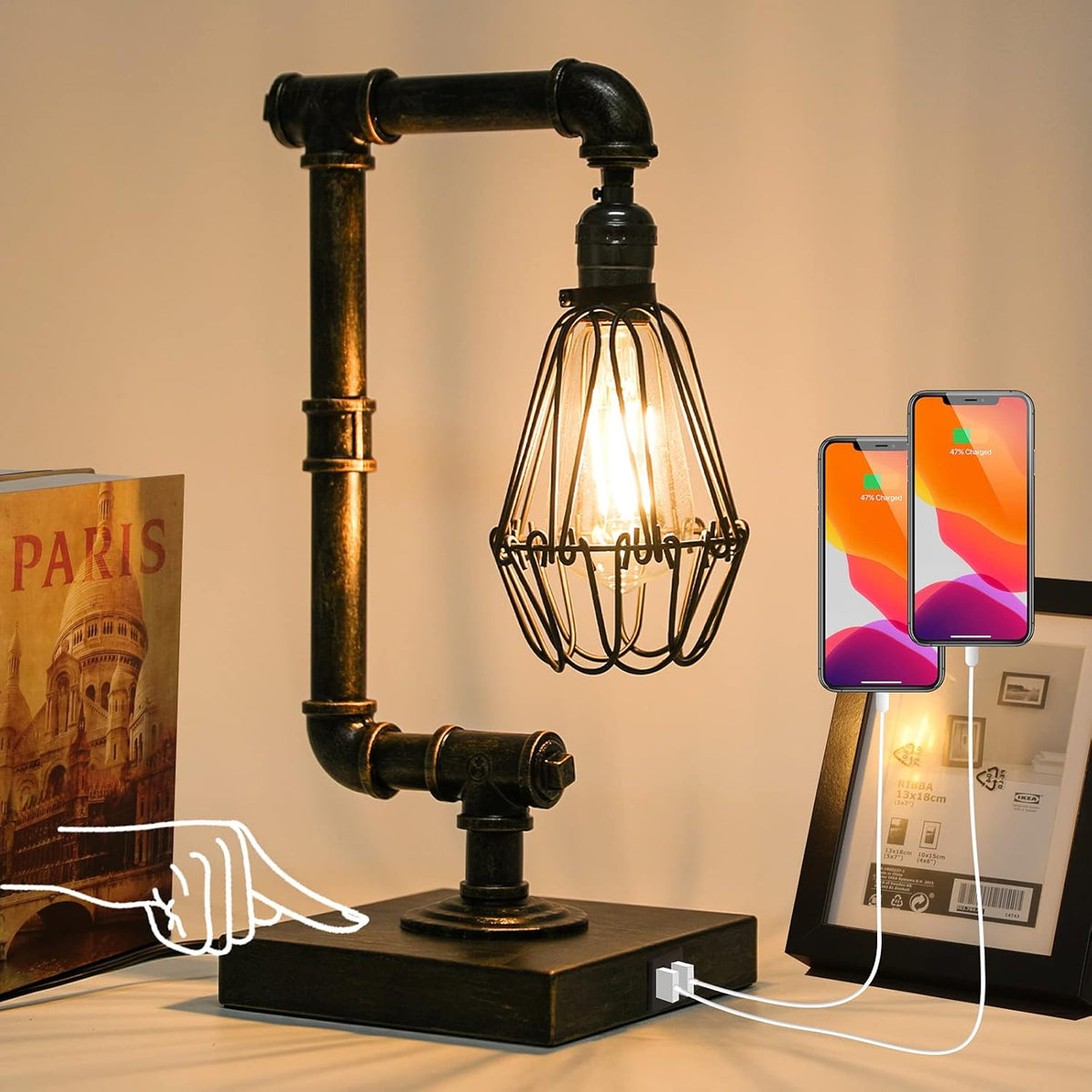Industrial Touch Control Dimmable Table Lamp with USB Ports C26816