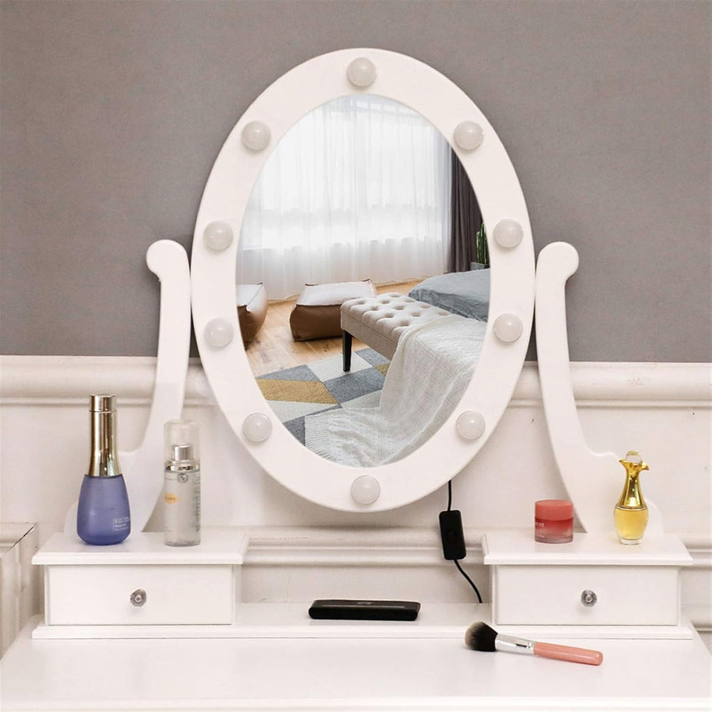 White Lighted Makeup Vanity Set with 10 Light Bulbs and 5 Sliding Drawers O2060