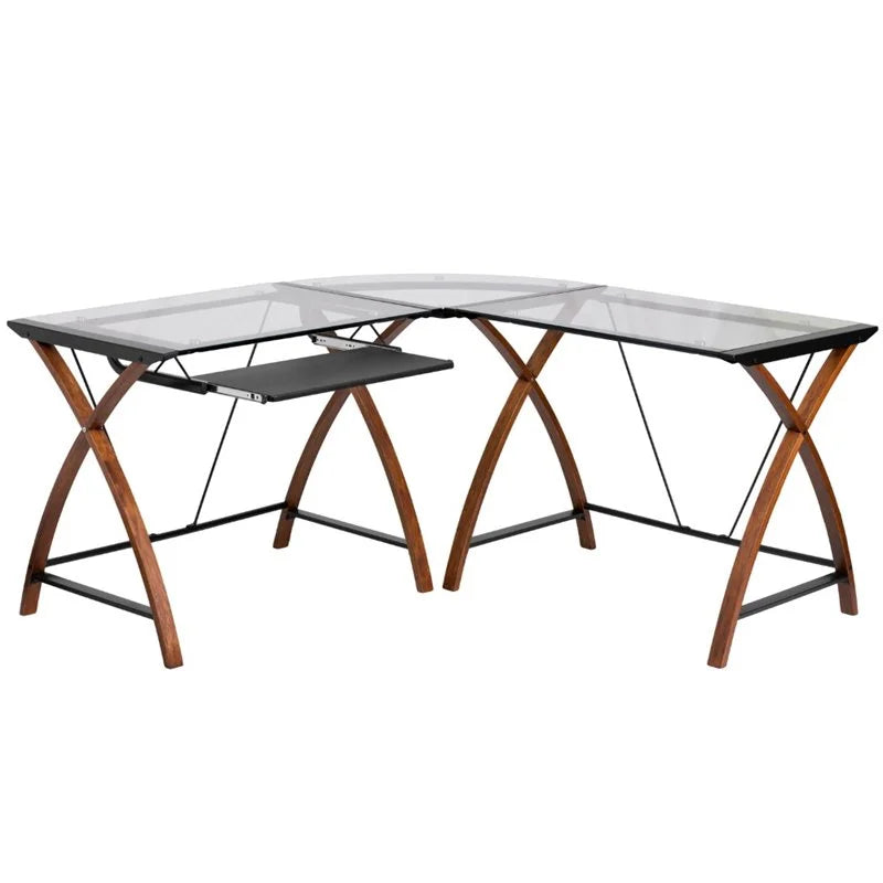 Glass L-Shape Desk with Keyboard Tray W85797