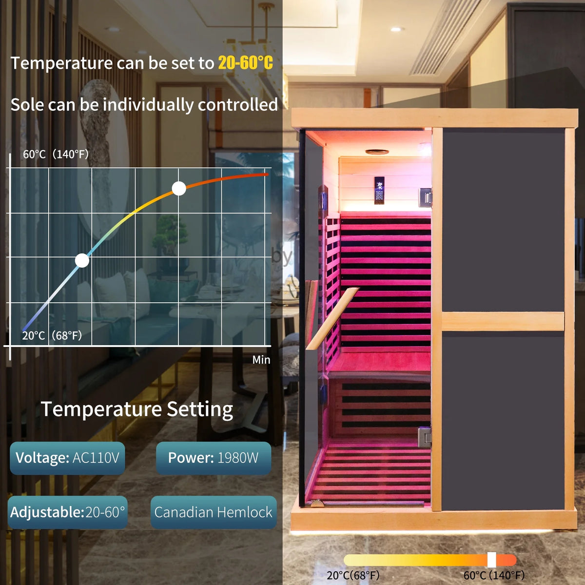 Infrared Sauna 1980W Wooden Hemlock Wood Low-EMF Indoor Saunas with APP Control for Two Person H199