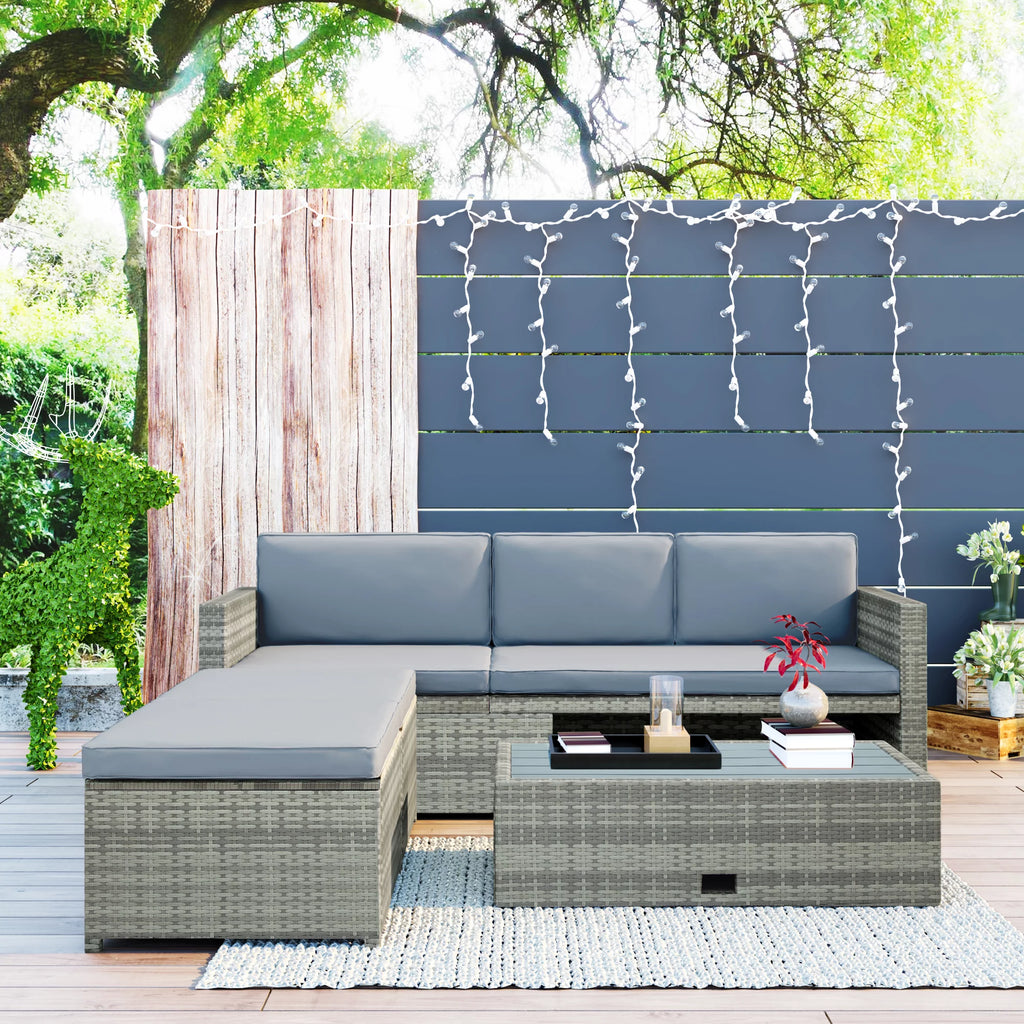 4-Piece All-Weather PE Wicker Patio Sectional Sofa Set with Retractable Table Y7983