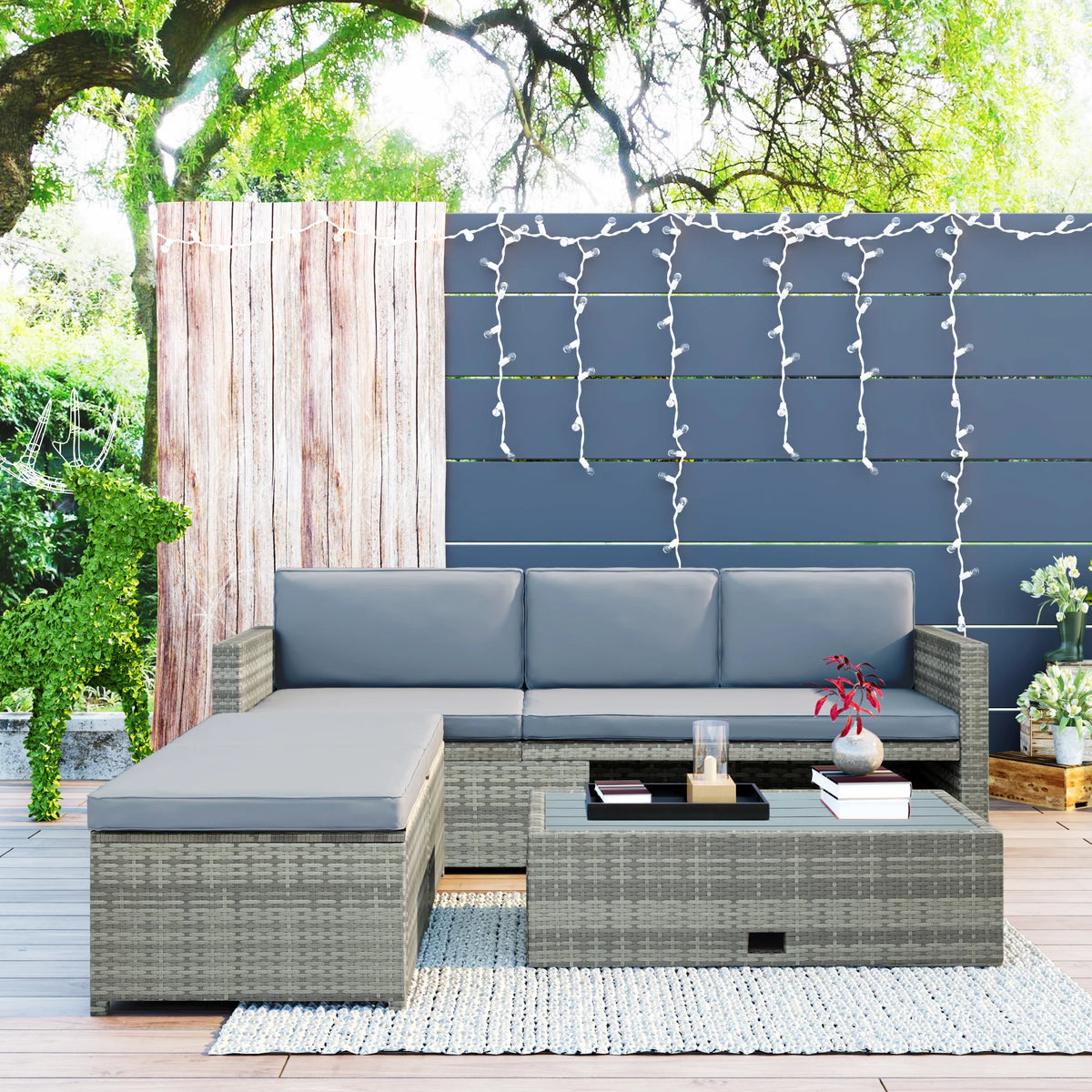 4-Piece All-Weather PE Wicker Patio Sectional Sofa Set with Retractable Table Y7983