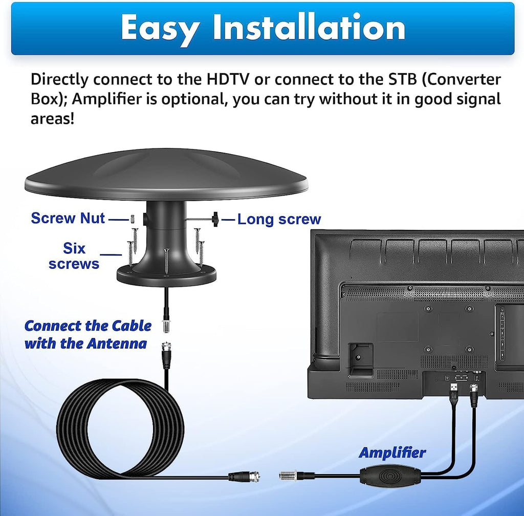 Outdoor TV Antenna 360° Omni-Directional Reception Long 100+ Miles Range 4K Ready HDTV Antenna with 32ft RG6 Coax Cable J583