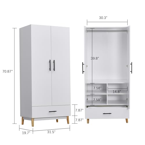 White 2 Door 2 Drawer Wood Wardrobe Cabinet 31.5" L x 20.3" W x 74" H B36770