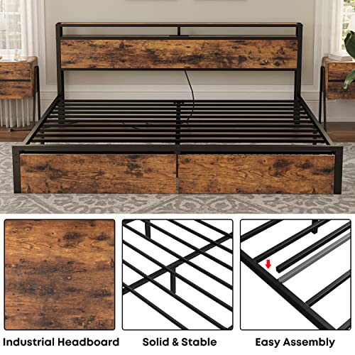 King Bed Frame with Storage Headboard, Platform Bed with Drawers and Charging Station, Vintage Brown Q76293