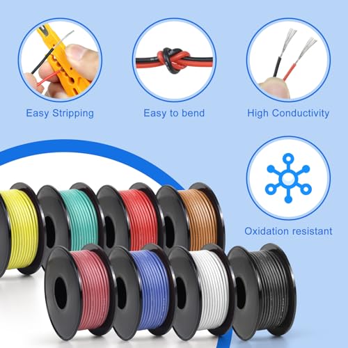 22 Gauge Stranded Tinned Copper Silicone Electrical Wire Spool, 50ft, 8 Colors B4855