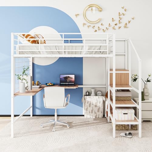Black Full Size Loft Bed with Desk and Storage Stairs J8731