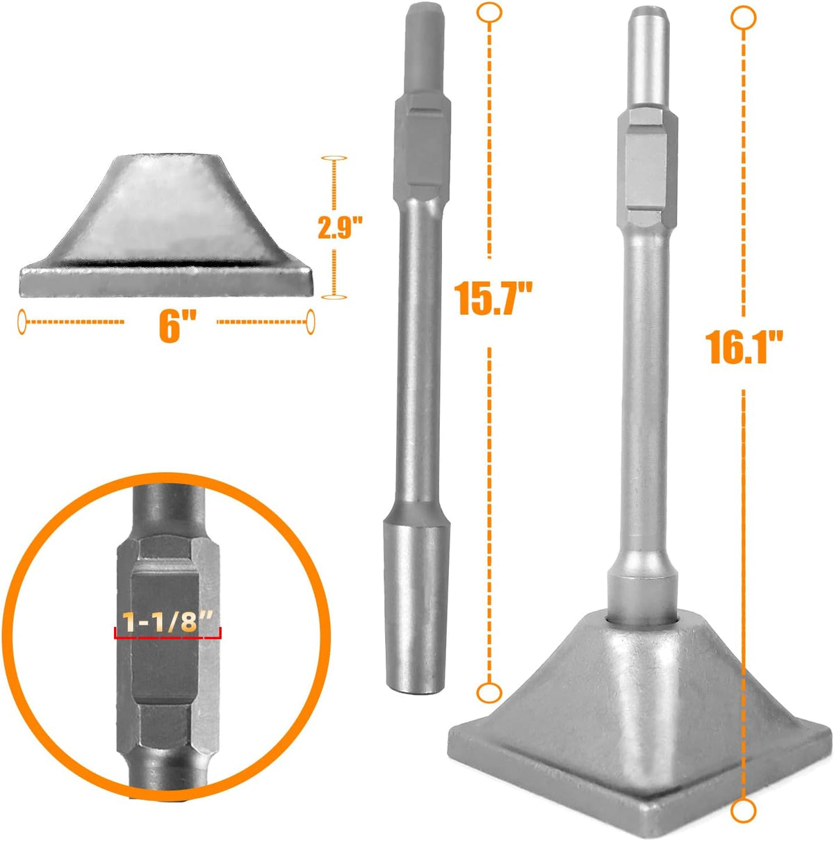 1-1/8" Tamper Shank with 6x6" Plate for Jack Hammer Bit V284