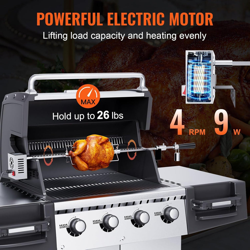 Heavy Duty Stainless Steel Grill Rotisserie Kit with 9W Motor - 32-Inch Hexagon Spit Rod - 26 Lbs Capacity O5158