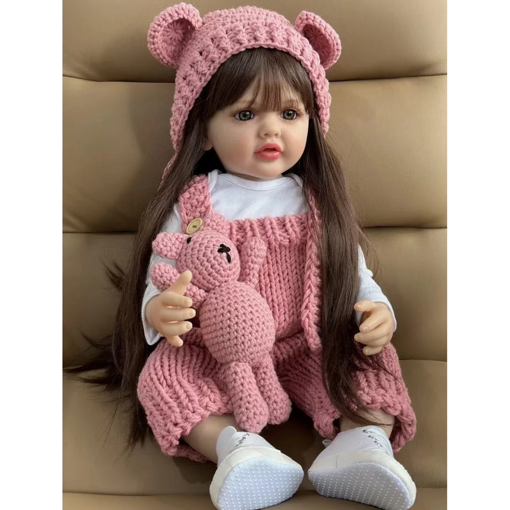 22 inch Soft Silicone Vinyl Reborn Baby Doll in Pink Knitted Clothes with Bear Toy A4534