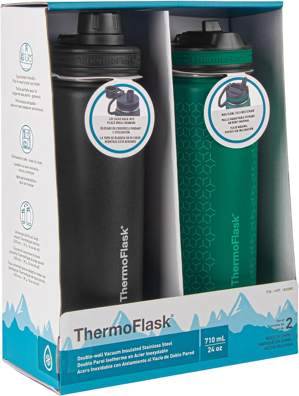 24 oz Double Wall Vacuum Insulated Stainless Steel Water Bottles 2-Pack, Black/Malachite Y861