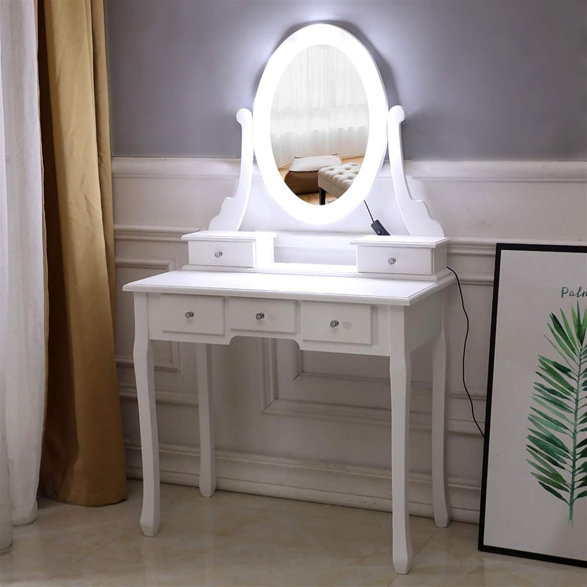 White Lighted Makeup Vanity Set with 10 Light Bulbs and 5 Sliding Drawers O2060
