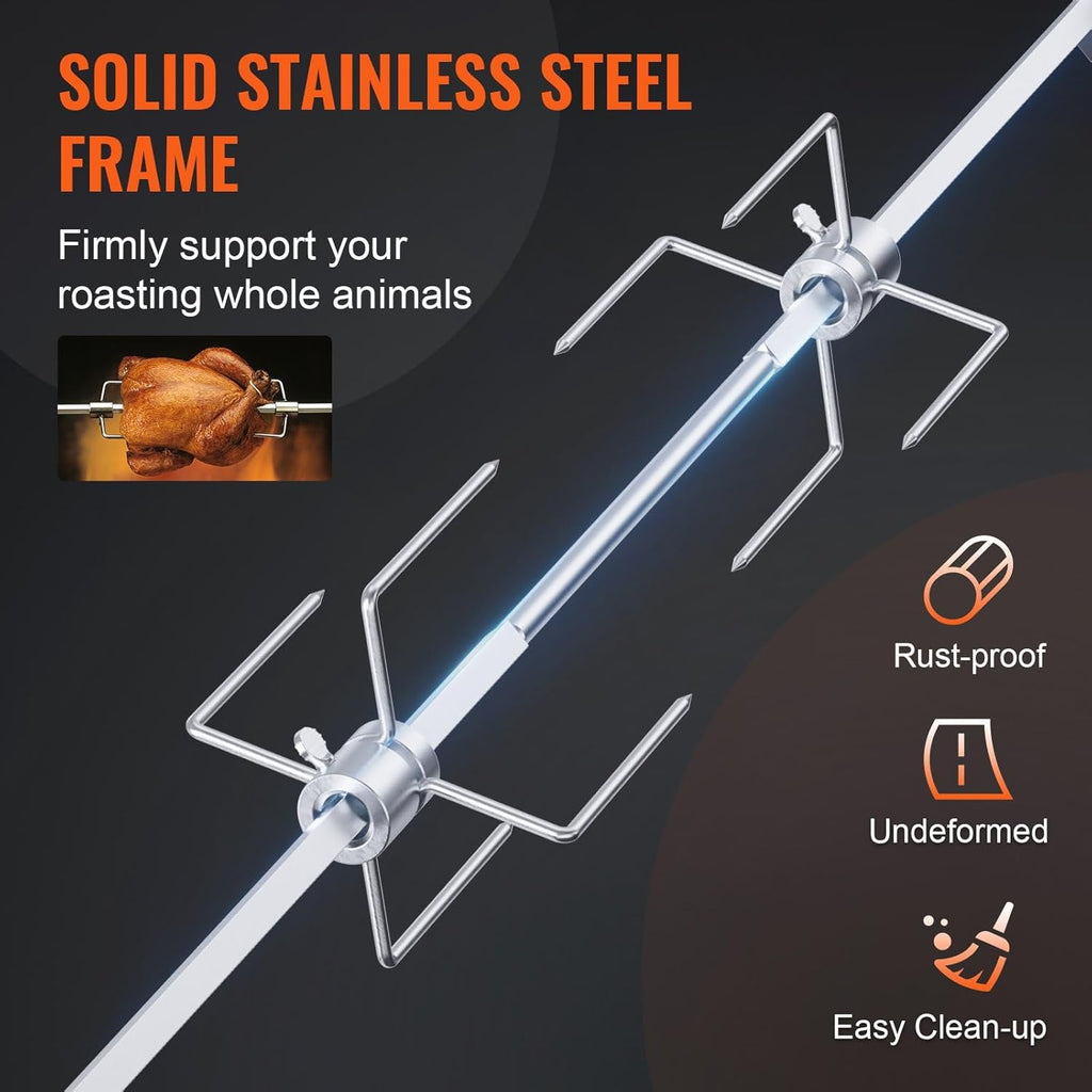 Heavy Duty Stainless Steel Grill Rotisserie Kit with 9W Motor - 32-Inch Hexagon Spit Rod - 26 Lbs Capacity O5158