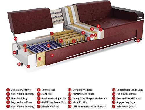 Burgundy Convertible Sofa Bed with Storage and 2 Pillows S540