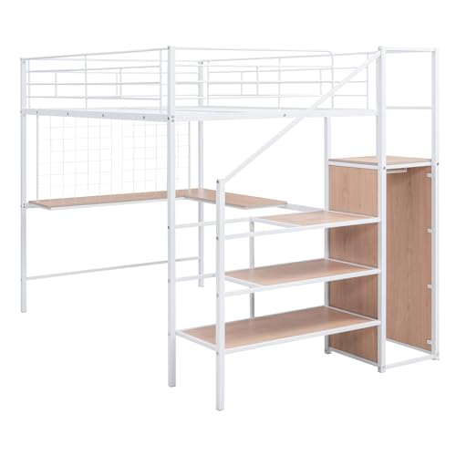 Black Full Size Loft Bed with Desk and Storage Stairs J8731