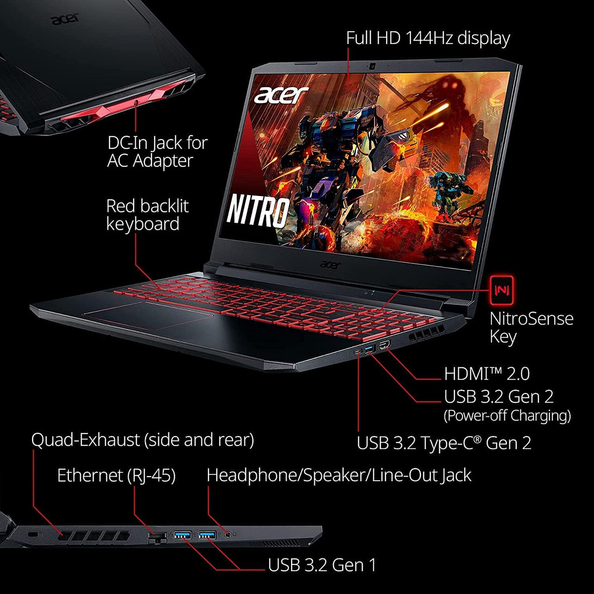 Nitro 5 Gaming Laptop 15.6" FHD 144Hz IPS Intel Core i5 NVIDIA GeForce RTX 3050 8GB DDR4 512GB NVMe SSD Backlit Keyboard P512